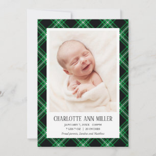 Grönt Tartan Baby Birth Announcement Photo Card Meddelande