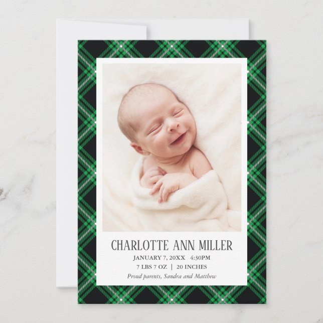 Grönt Tartan Baby Birth Announcement Photo Card Meddelande (Framsida)
