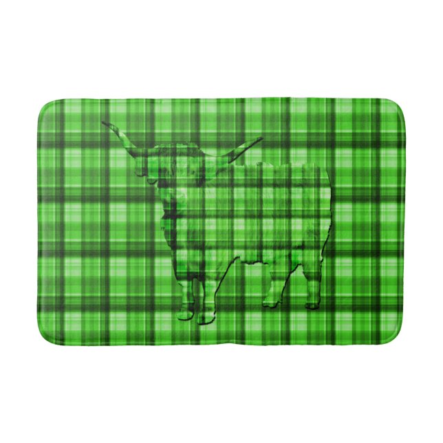 Grönt Tartan Highland Cow, Memory Foam Bathmat Badrumsmatta (Framsidan)