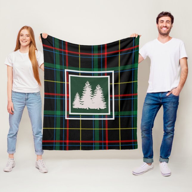 Grönt Tartan Play & White Gräs Träd Silhouette Fleecefilt (På plats)