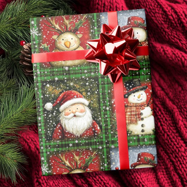 Grönt Tartan Santa Snögubbe Reindeer jul Presentpapper (Green Tartan Santa Snowman Reindeer Christmas Wrapping Paper)