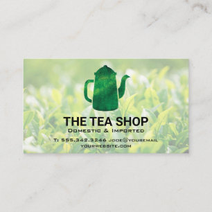 Grönt Tea Kettle Affärskortet Tea Plant Fält Visitkort