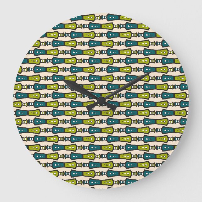 Grönt Teal Black Cream Tribal Round Wall Clock Stor Klocka (Framsida)
