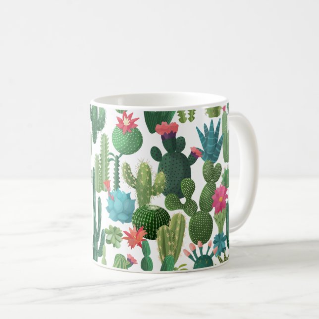 Grönt Teal Blooming Cacti Mönster Kaffemugg (Framsida höger)