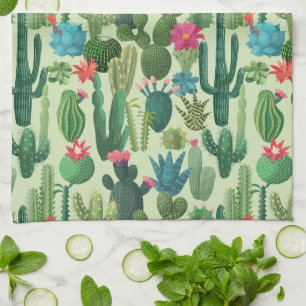 Grönt Teal Blooming Cacti Mönster Kökshandduk