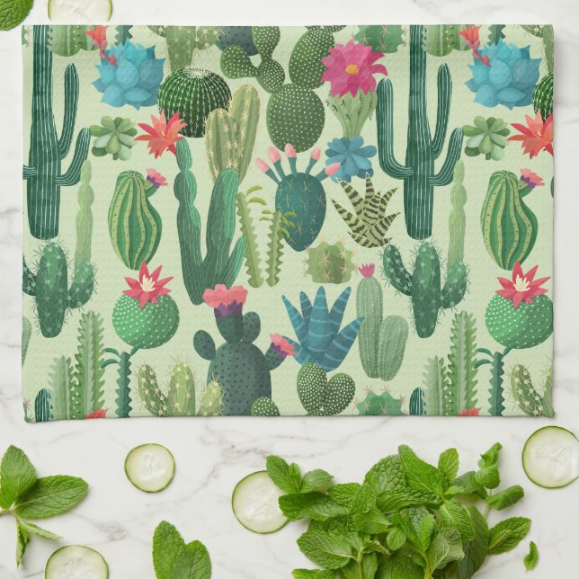 Grönt Teal Blooming Cacti Mönster Kökshandduk (Vikta)
