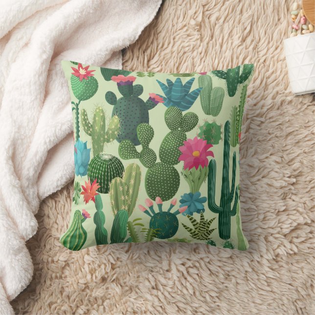 Grönt Teal Blooming Cacti Mönster Kudde (Filt)