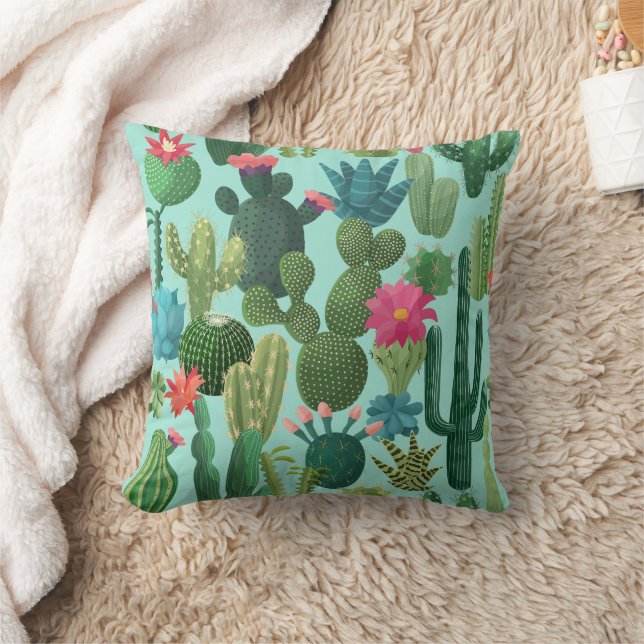 Grönt Teal Blooming Cacti Mönster Kudde (Filt)