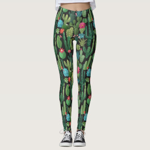Grönt Teal Blooming Cacti Mönster Leggings