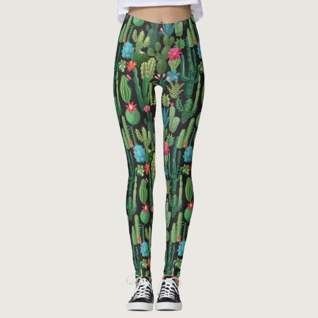 Grönt Teal Blooming Cacti Mönster Leggings (Framsida)