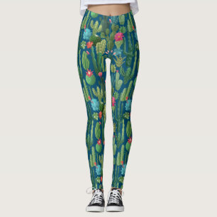 Grönt Teal Blooming Cacti Mönster Leggings