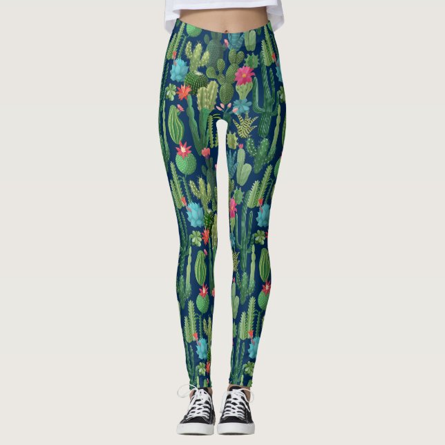 Grönt Teal Blooming Cacti Mönster Leggings (Framsida)
