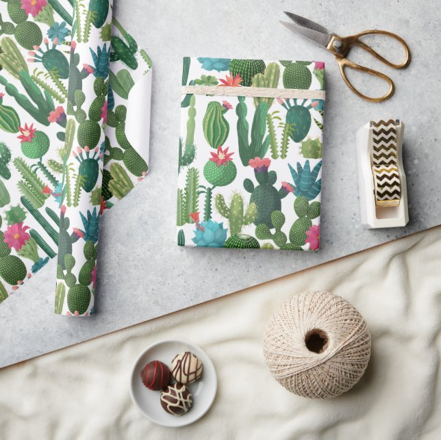 Grönt Teal Blooming Cacti Mönster Presentpapper (Hantverk)