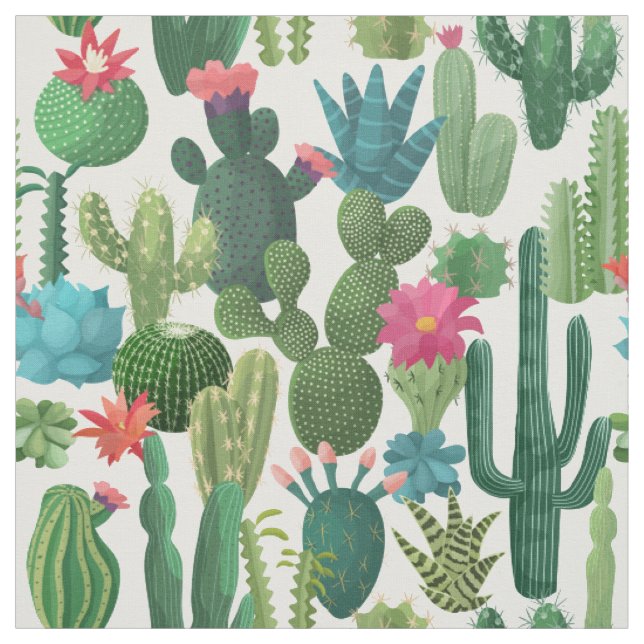Grönt Teal Blooming Cacti Mönster Tyg (Provkarta)