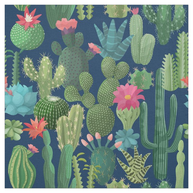 Grönt Teal Blooming Cacti Mönster Tyg (Provkarta)