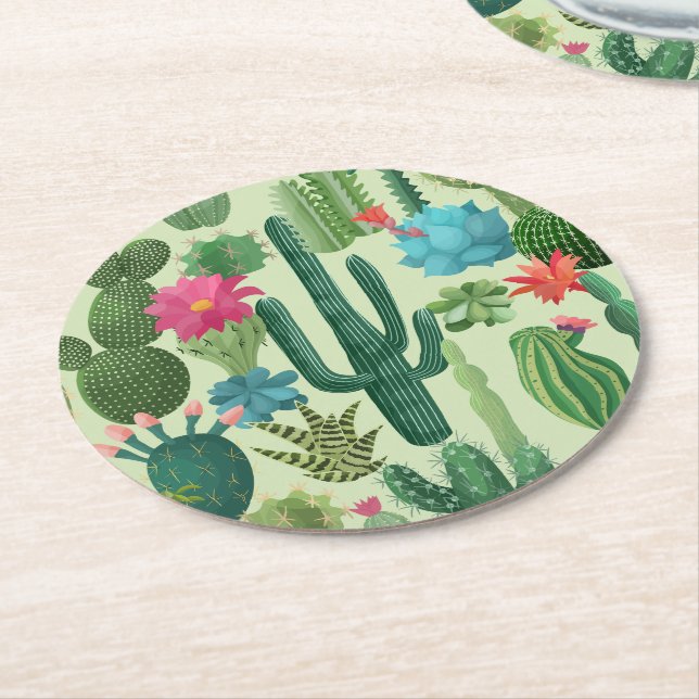 Grönt Teal Blooming Cacti Mönster Underlägg Papper Rund (Vinklad)