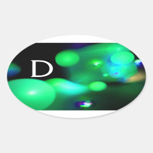 GRÖNT TEAL BLUE BLACK FRACTAL BUBBLES MONOGRAM OVALT KLISTERMÄRKE