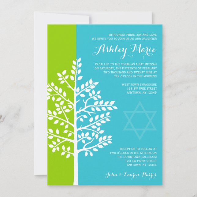 Grönt Teal Blue Livets träd Bat mitzvah Inbjudningar (Framsida)