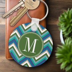 Grönt & Teal Chevron Mönster med Monogram Nyckelring