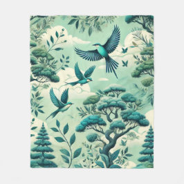 Grönt Teal Forest och Birds Mönster Fleecefilt