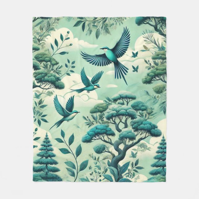 Grönt Teal Forest och Birds Mönster Fleecefilt (Framsidan)