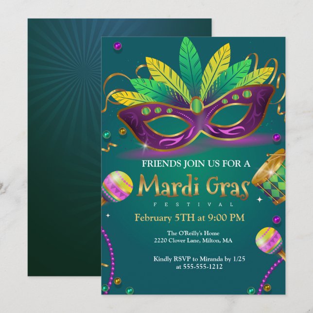 Grönt | Teal MasqueraMask Mardi Gras Party Inbjudningar (Fram/baksida)