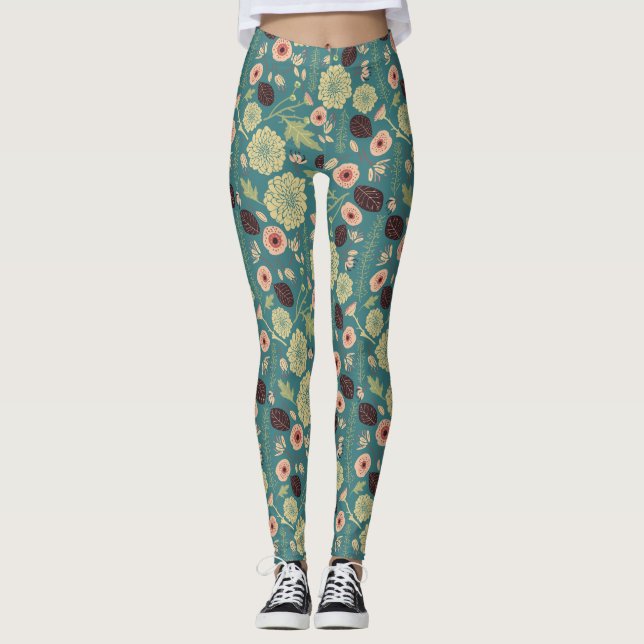 Grönt Teal Rosa Blommigt Playful Mix Mönster Leggings (Framsida)