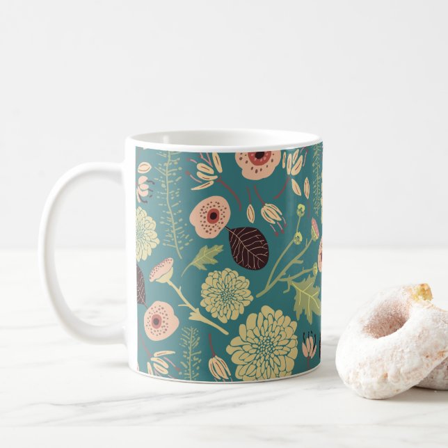 Grönt Teal Rosa Blommigt Toss Patterned Flowers Kaffemugg (Med munk)