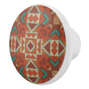 Grönt Teal Rust Orange Beige Brown Red Tribal Art Knopp
