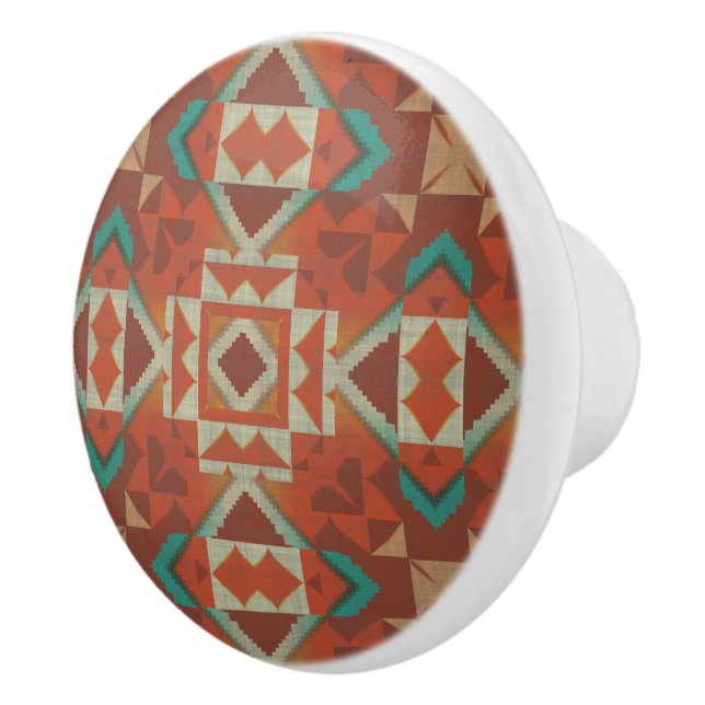 Grönt Teal Rust Orange Beige Brown Red Tribal Art Knopp (Höger)