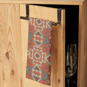 Grönt Teal Rust Orange Beige Brown Red Tribal Art Kökshandduk
