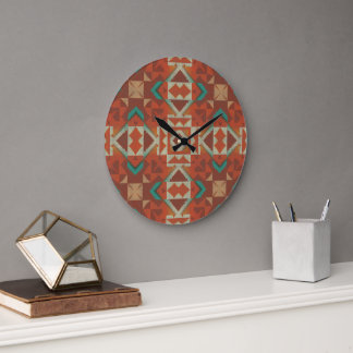Grönt Teal Rust Orange Beige Brown Red Tribal Art Stor Klocka