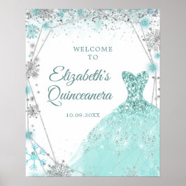 Grönt Teal Silver Winter Mis Quince Välkomsttecken Poster