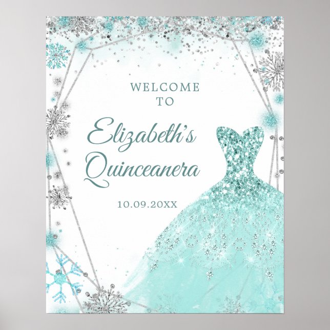 Grönt Teal Silver Winter Mis Quince Välkomsttecken Poster (Framsidan)