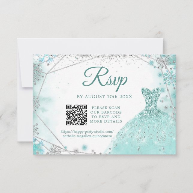 Grönt Teal Silver Winter Quinceañera Snowflake QR OSA Kort (Framsida)