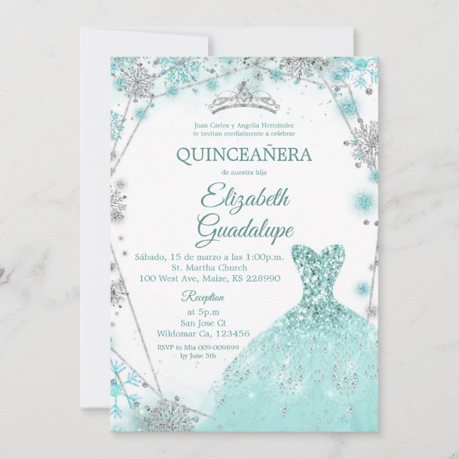 Grönt Teal Silver Winter Snowflake Quinceanera Inbjudningar (Framsida)