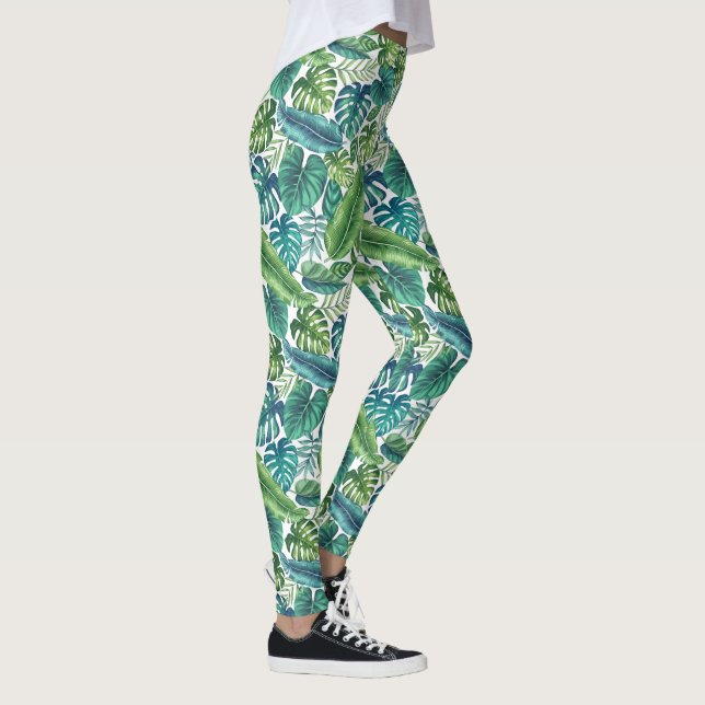 Grönt & Teal Tropical Handflatan Banana Monstera L Leggings (Höger)
