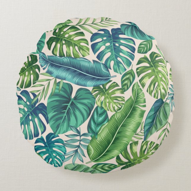 Grönt & Teal Tropical Handflatan Banana Monstera L Rund Kudde (Framsidan)