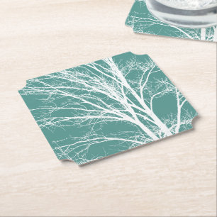 Grönt Teal White Bare Träd Grenar Underlägg Papper