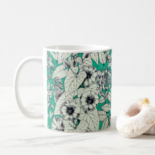 Grönt Teal White Graphic Flowers Mönster Kaffemugg