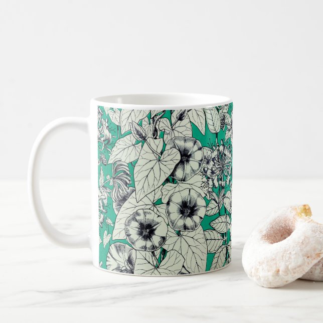 Grönt Teal White Graphic Flowers Mönster Kaffemugg (Med munk)