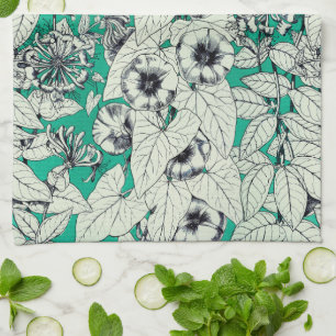 Grönt Teal White Graphic Flowers Mönster Kökshandduk