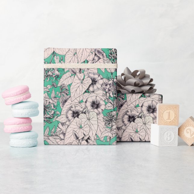 Grönt Teal White Graphic Flowers Mönster Presentpapper (Baby Shower)