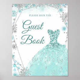 Grönt Teal Winter Snowflake 15 Años Guest Bok Poster