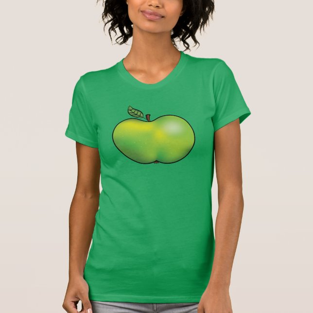 Grönt Tecknad Apple Fruit Illustration T Shirt (Framsida)