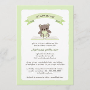 Grönt Teddy bjuder in en Bok Baby Shower-inbjudan Inbjudningar