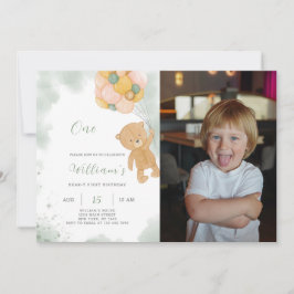 Grönt Teddy-födelsedagsinbjudan med foto Inbjudningar