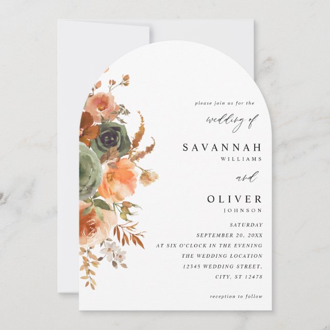 Grönt & Terra Cotta Blommigt Bröllop Arch Inbjudningar (Framsida)