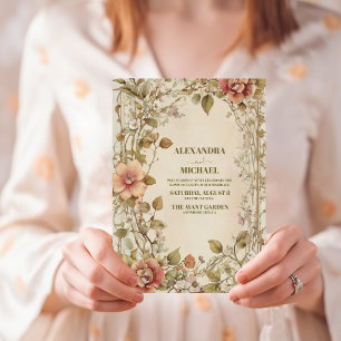 Grönt & Terra Cotta Blommigt Bröllop I Inbjudningar