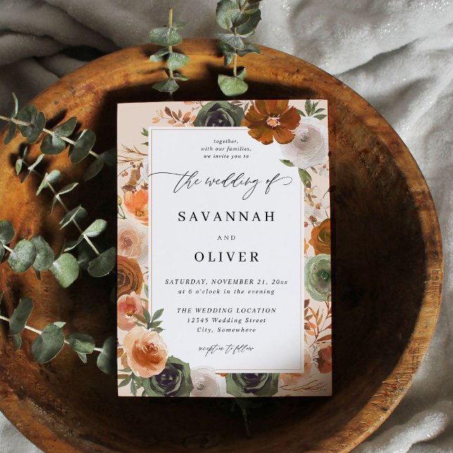 Grönt & Terra Cotta Blommigt Bröllop S2 - Beige Inbjudningar (Skapare uppladdad)